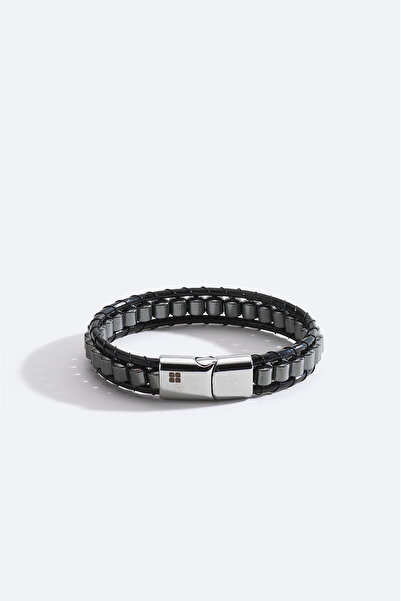 Avva Men's Black Leather and Hematite Stone Bracelet A51Y9614