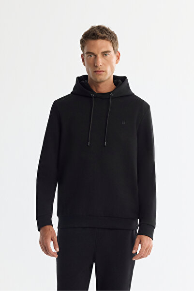 Avva Men's Black Hooded Flexible Soft Texture Interlock Fabric Basic Regular Fit Sweatshirt B001101