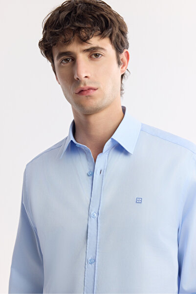 Avva Cămașă pentru bărbați, albastră, cu guler clasic, 100% bumbac satinat, ușor de călcat, slim fit B002006