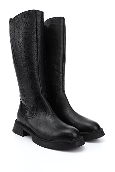 GÖNDERİ(R) Γυναικείες/Κοριτσίστικες μαύρες μπότες από γνήσιο δέρμα με χοντρό τακούνι με φερμουάρ