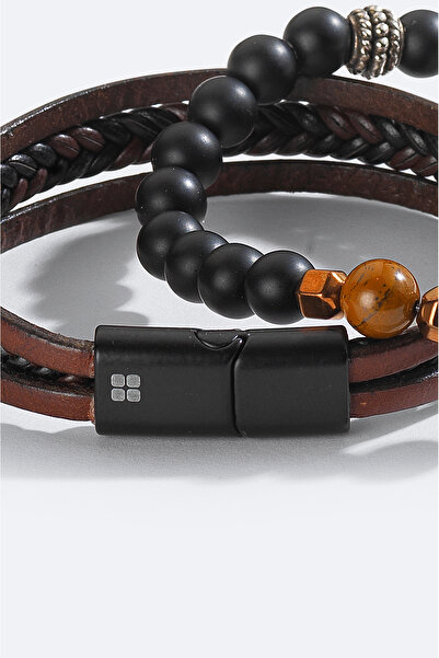 Avva Men's Brown 2-Piece 100% Leather Onyx Stone Bracelet A51Y9610