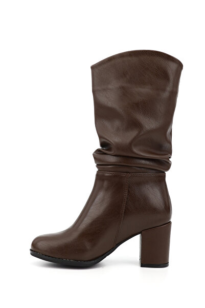 GÖNDERİ(R) Γυναικείες/Κοριτσίστικες μπότες με χοντρό τακούνι με στρογγυλή μύτη και φυσούνα σε καφέ χρώμα