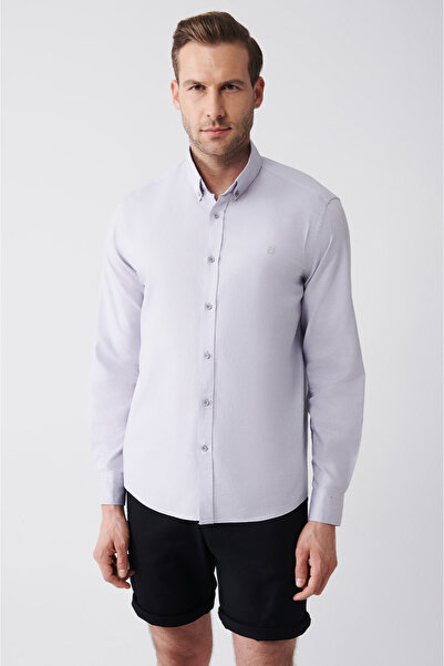 Avva Men's Light Gray Oxford 100% Cotton Buttoned Collar Shirt B 002003