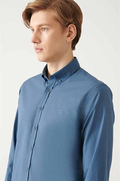 Avva Men's Indigo Buttoned Collar Basic 100% Cotton Shirt B 002030