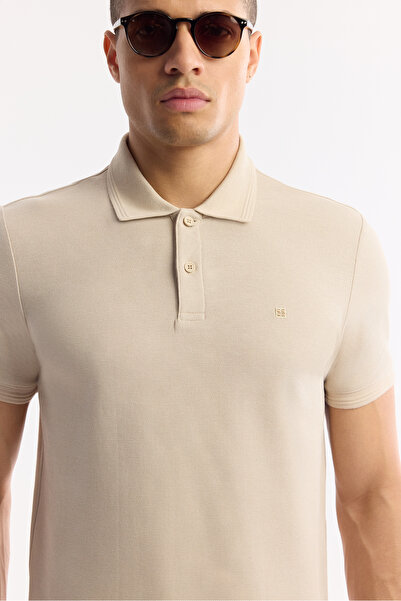 Avva Men's Beige Non-Curling Polo Collar 100% Cotton Basic Regular Fit T-Shirt B001032