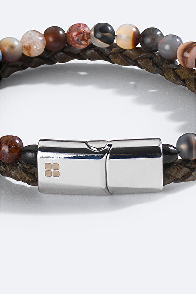 Avva Men's Anthracite 100% Leather and Agate Stone Bracelet A51Y9604