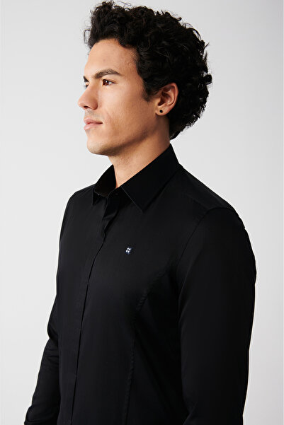 Avva Erkek Siyah %100 Pamuk Klasik Yaka Saten Slim Fit Gömlek B002002