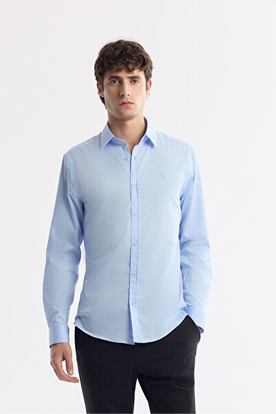 Avva Cămașă pentru bărbați, albastră, cu guler clasic, 100% bumbac satinat, ușor de călcat, slim fit B002006