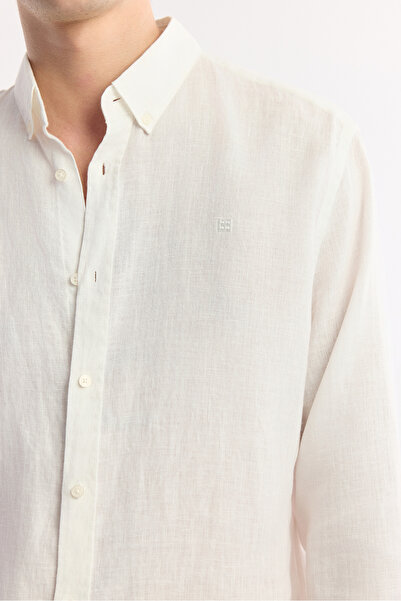 Avva Pánská bílá košile s knoflíkovým límcem ze 100% lnu Comfort Fit B002191