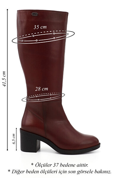 GÖNDERİ(R) Women's Burgundy Zippered Thick Heeled Genuine Leather Boots