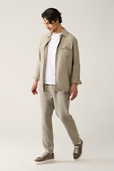 Avva Men's Gray Elastic Waist 100% Linen Relaxed Fit Trousers B003032