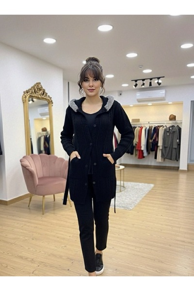 rushana Women's Hooded Furry Pocket Knitwear Cardigan