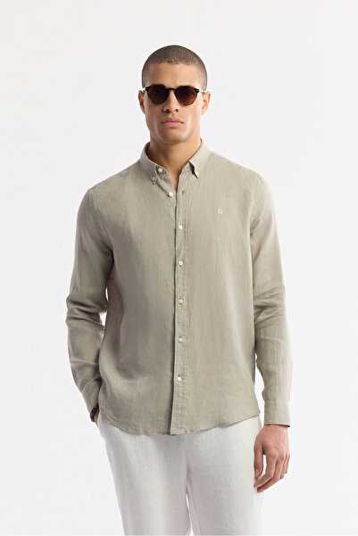 Avva Erkek Gri Düğmeli Yaka %100 Keten Comfort Fit Gömlek B002191