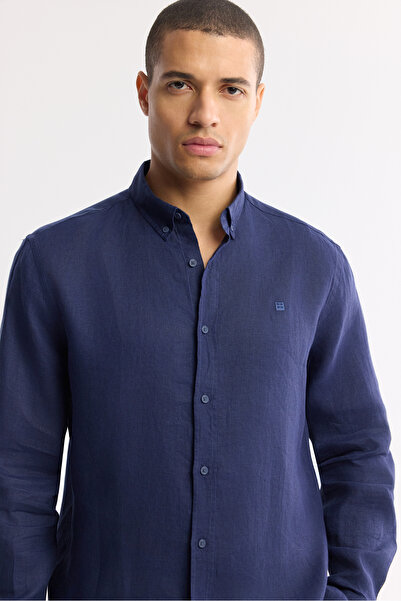 Avva Men's Indigo 100% Linen Buttoned Collar Shirt B 002191