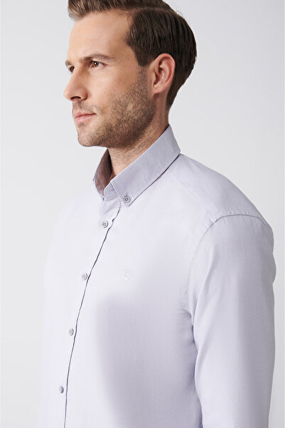 Avva Men's Light Gray Oxford 100% Cotton Buttoned Collar Shirt B 002003