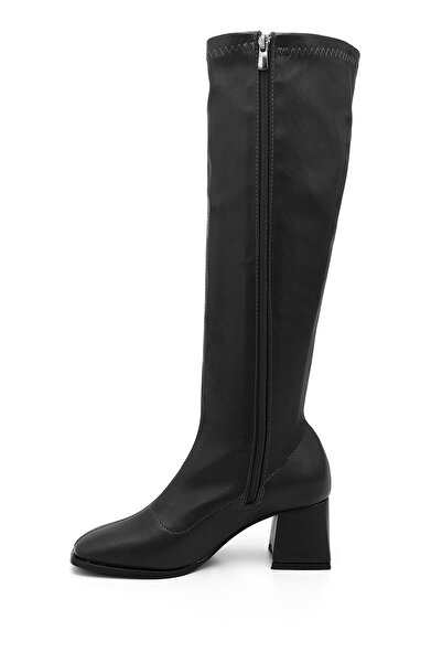 GÖNDERİ(R) Women's Black Leather-Look Zippered Thick Heeled Stretch Boots
