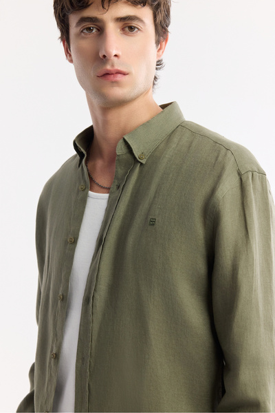 Avva Erkek Haki Düğmeli Yaka %100 Keten Comfort Fit Gömlek B002191