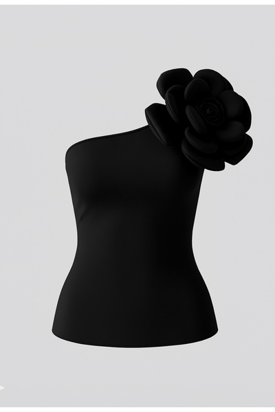 Ceren Öncel Atelier 3D Siyah Çiçekli Tek Omuz Body