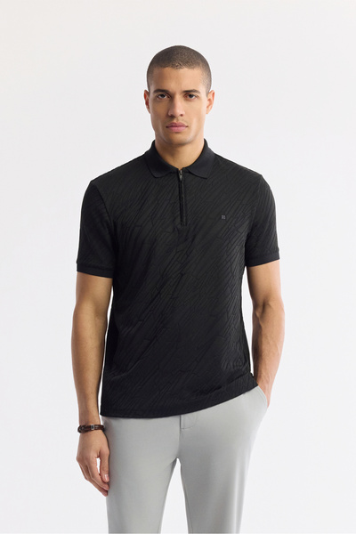 Avva Men's Black Polo Neck Jacquard Regular Fit T-Shirt A51Y1090