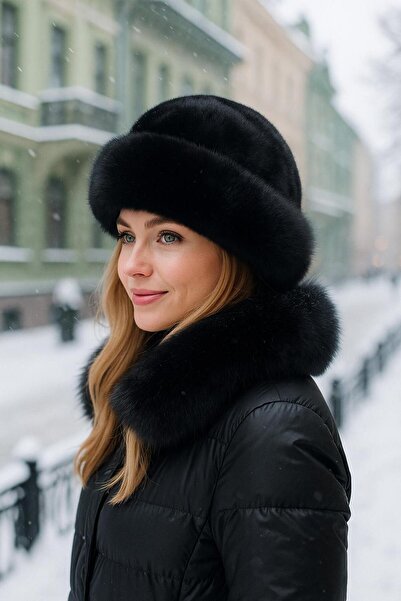 MARBERRY Siyah Yumuşak Dokulu Peluş Kalpak Kadın Şapka