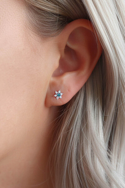 VAOOV 925 Ayar Gümüş Turkuaz Taşlı Minimal Lotus Küpe