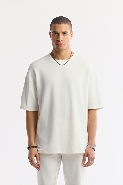 Avva Ανδρικό μπλουζάκι με λαιμόκοψη σε λευκό χρώμα Jacquard Oversize Fit A51Y1091