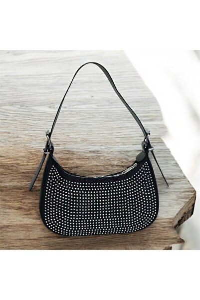 Madame Black Stone Shoulder Bag Baguette