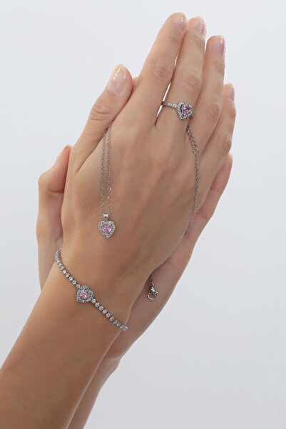 Bijuty Takı Seti - Pembe Kalpli Gümüş Renk Çelik Set Kolye - Yüzük - Bileklik - 3'lü Set
