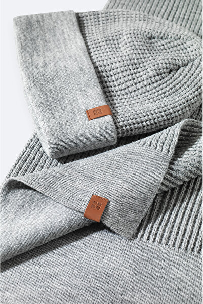 Avva Men's Gray Jacquard Knitwear Scarf Beret Set A42Y9220