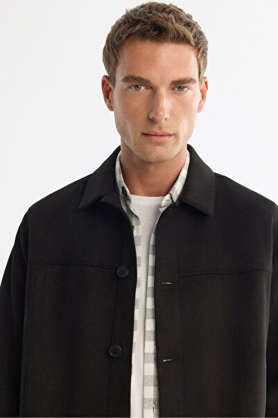 Avva Ανδρικό μαύρο κλασικό παλτό με υφή σουέτ με κλασικό γιακά, εποχιακό Comfort Fit A42Y6076