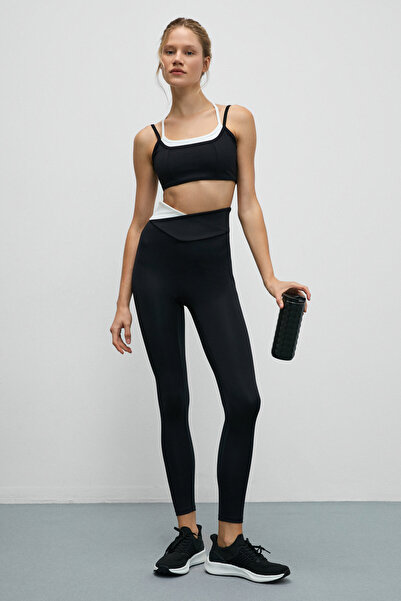 Urban Beat Julsen Women's Soft and Flexible Textured Asymmetrical Contrast Waist Detailed Black - White Leggings