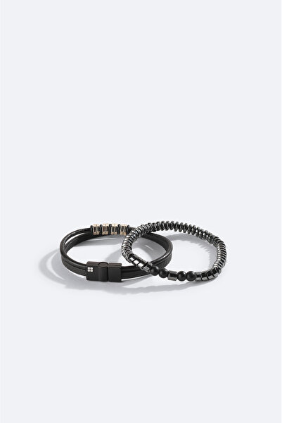 Avva Men's Black Leather Ceyt and Hematite Stone Bracelet A42Y9621