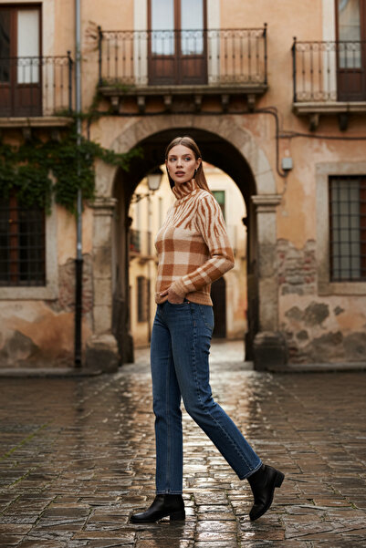 Brevia Beige Zebra and Plaid Patterned Long Sleeve Women's Angora Knitwear Sw...