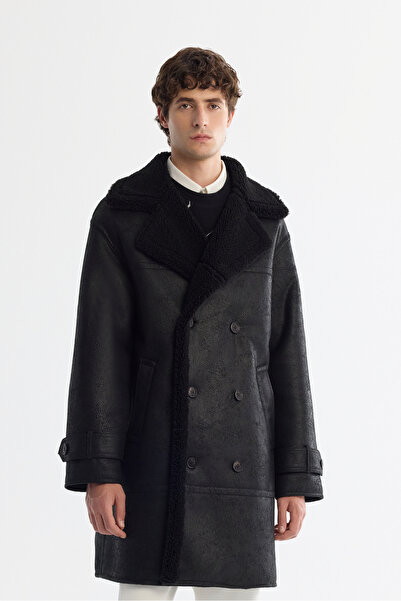 Avva Erkek Siyah Kürklü Mono Yaka Deri Görünümlü Uzun Napa Comfort Fit Kaban A42Y6125