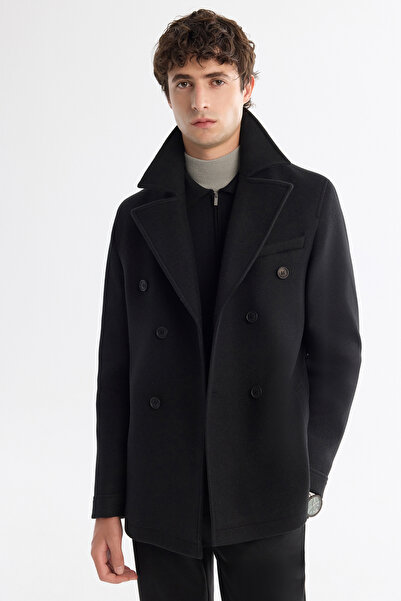 Avva Erkek Siyah Kruvaze Kapama Yandan Cepli Yün Karışımlı Astarlı Kaşe Comfort Fit Kaban A42Y6065