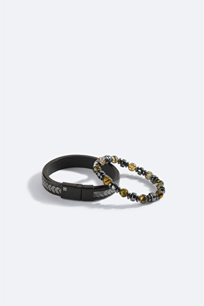 Avva Men's Anthracite Leather Hematite Stone 2-Piece Bracelet A42Y9606