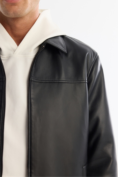 Avva Palton pentru bărbați, negru, clasic, cu buzunar, aspect piele, cu potrivire confortabilă A42Y6024