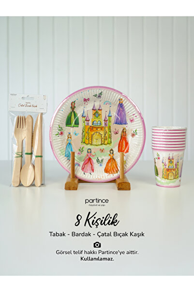 partince 8 Kişilik Prenses Tema Kullan At Karton Tabak Bardak Çatal Kaşık Bıç...
