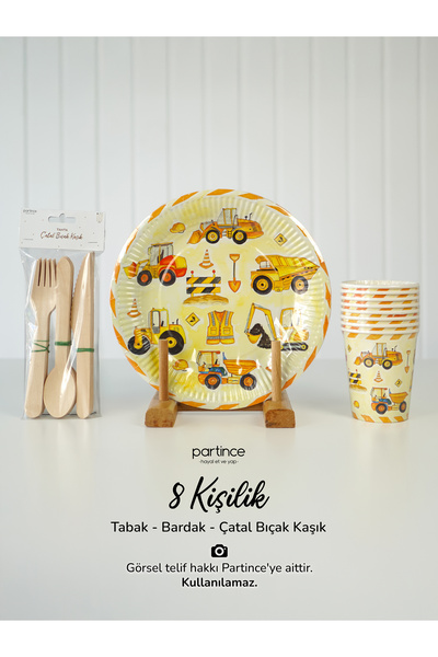 partince 8 Kişilik İnşaat Tema Kullan At Karton Tabak Bardak Çatal Kaşık Bıça...