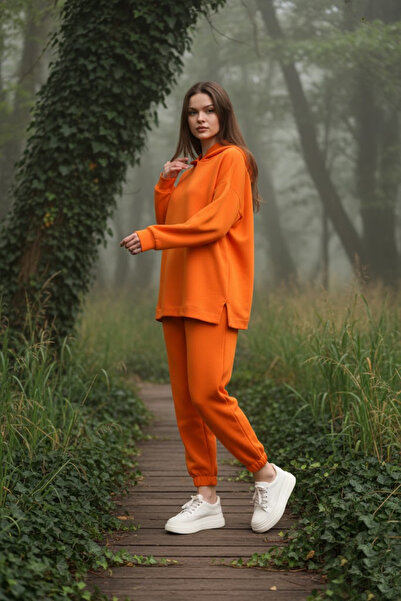 MODA Turuncu Kapüşonlu Sweatshirt-Eşofman Kadın Eşofman Takımı