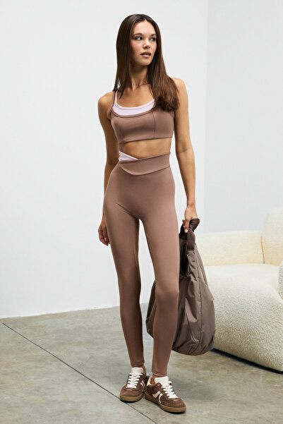 Urban Beat Julsen Women's Soft and Flexible Textured Asymmetrical Contrast Waist Detailed Brown Leggings