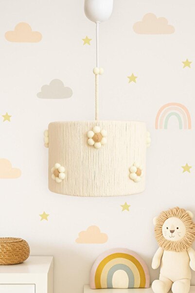 C&A&B KUZEY AVİZE Silindir Makrome Ekru Ip Sargılı Ponpon Çiçekli Genç Odası Bebek Çocuk Odası Tasarım Sarkıt Avize