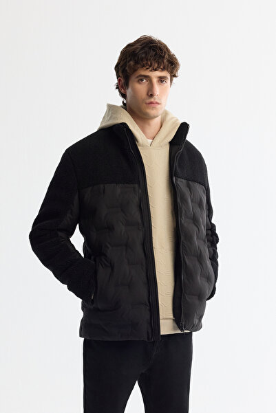 Avva Men's Black Stand Collar Water Repellent Windproof Fiber Inflatable Plush Comfort Fit Coat A42Y6017