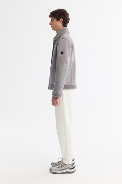 Avva Men's Gray Fur Collar Leather Look Napa Comfort Fit Coat A42Y6128