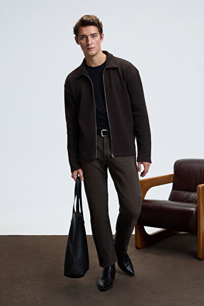 GRIMELANGE Crimson Men's Waffle Special Texture Zippered Ornamental Label Bitter Brown Jacket