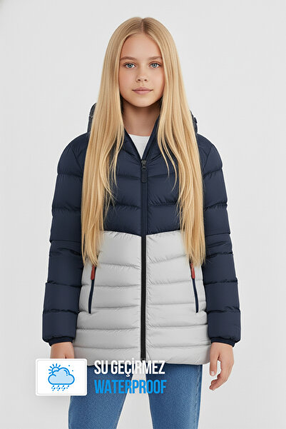 QAWWA Kız Çocuk Rüzgar Geçirmez Kalın Astarlı Lacivert-gri Kapüşonlu Mont
