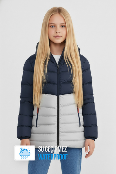 QAWWA Kız Çocuk Kapüşonlu Lacivert-Gri İçi Siyah Kürklü Kuş Elyaflı Hafif Su ...