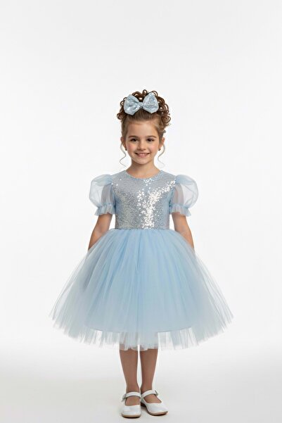 Mnk Baby&Kids Balon Kol Pul Payet Kız Çocuk Tütü Elbise M00751 MAVİ
