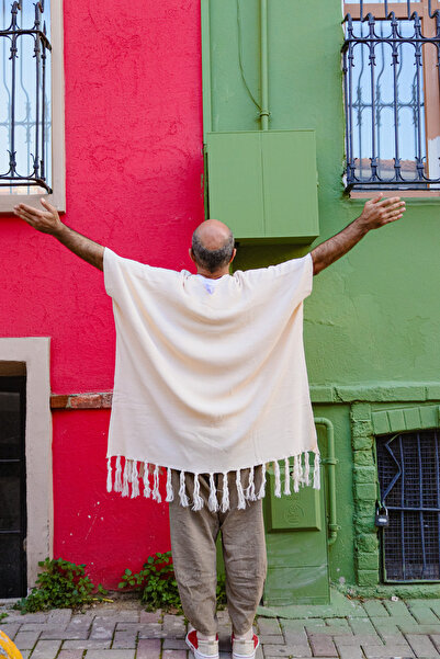 Oiki Krem Renk Bohem Püsküllü DokumaUnisex Panço