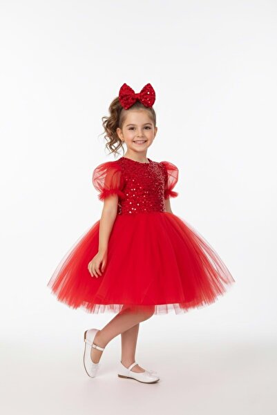 Mnk Baby&Kids Μπαλόνι μανίκι παγιέτες κοριτσίστικο φόρεμα Tutu M00751 ΚΟΚΚΙΝΟ